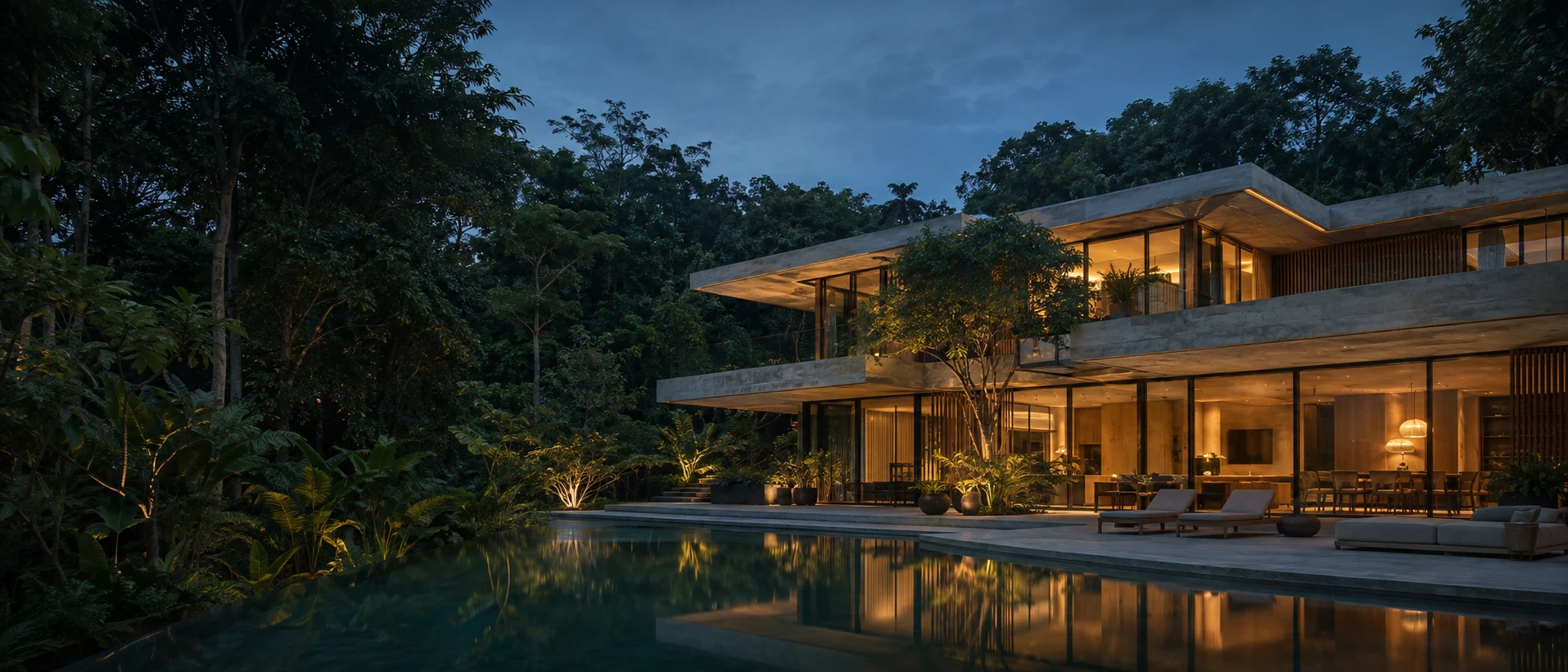 Contemporary tropical home at dusk; move over the image to reveal its warm lights